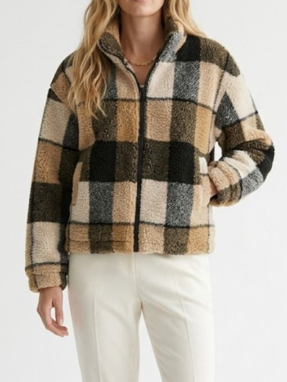 Harlow Plaid Teddy Cropped Jacket Women's Large Casual Everyday Western Boho